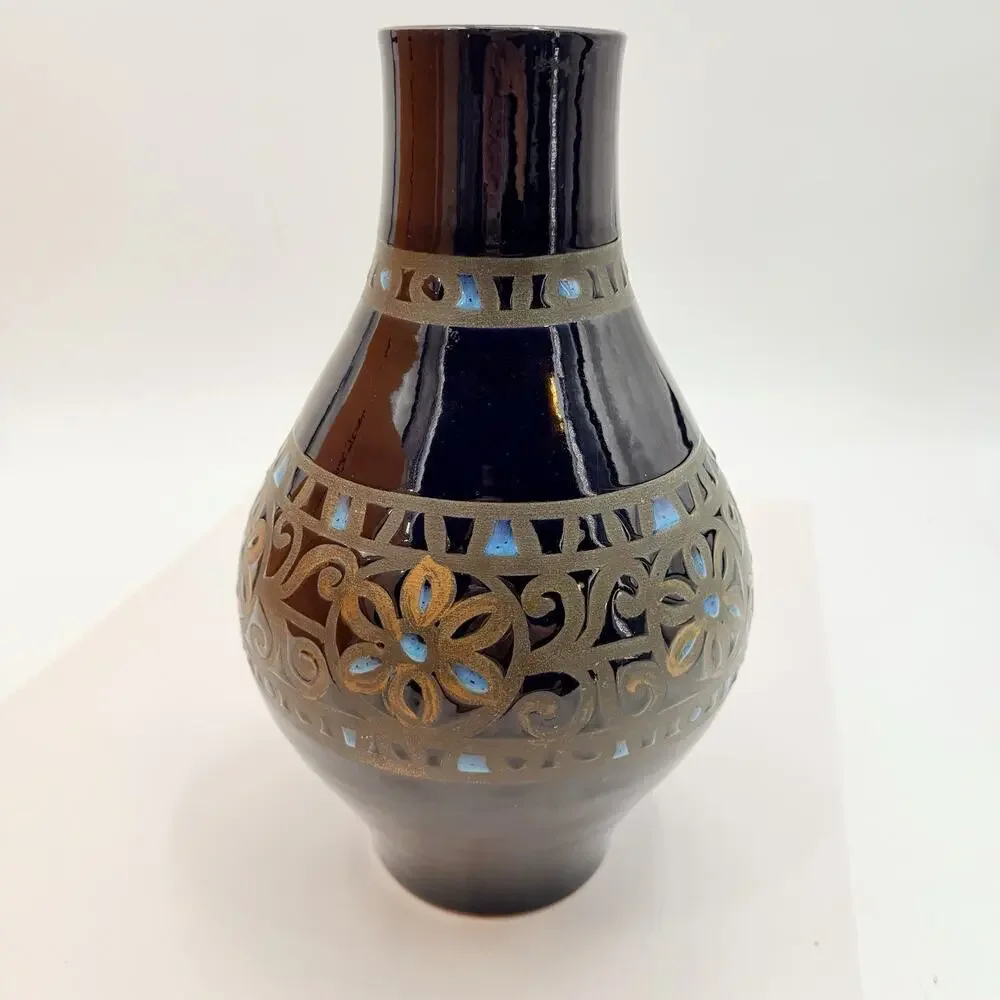 Unique MCM Style Blue Art Pottery Lava Textured Glaze Geo Floral Vase 13.5
